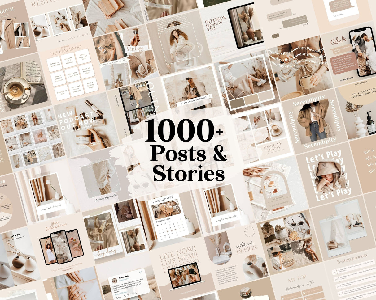 1800 Aesthetic Neutral Instagram Templates | Beige Boho Canva