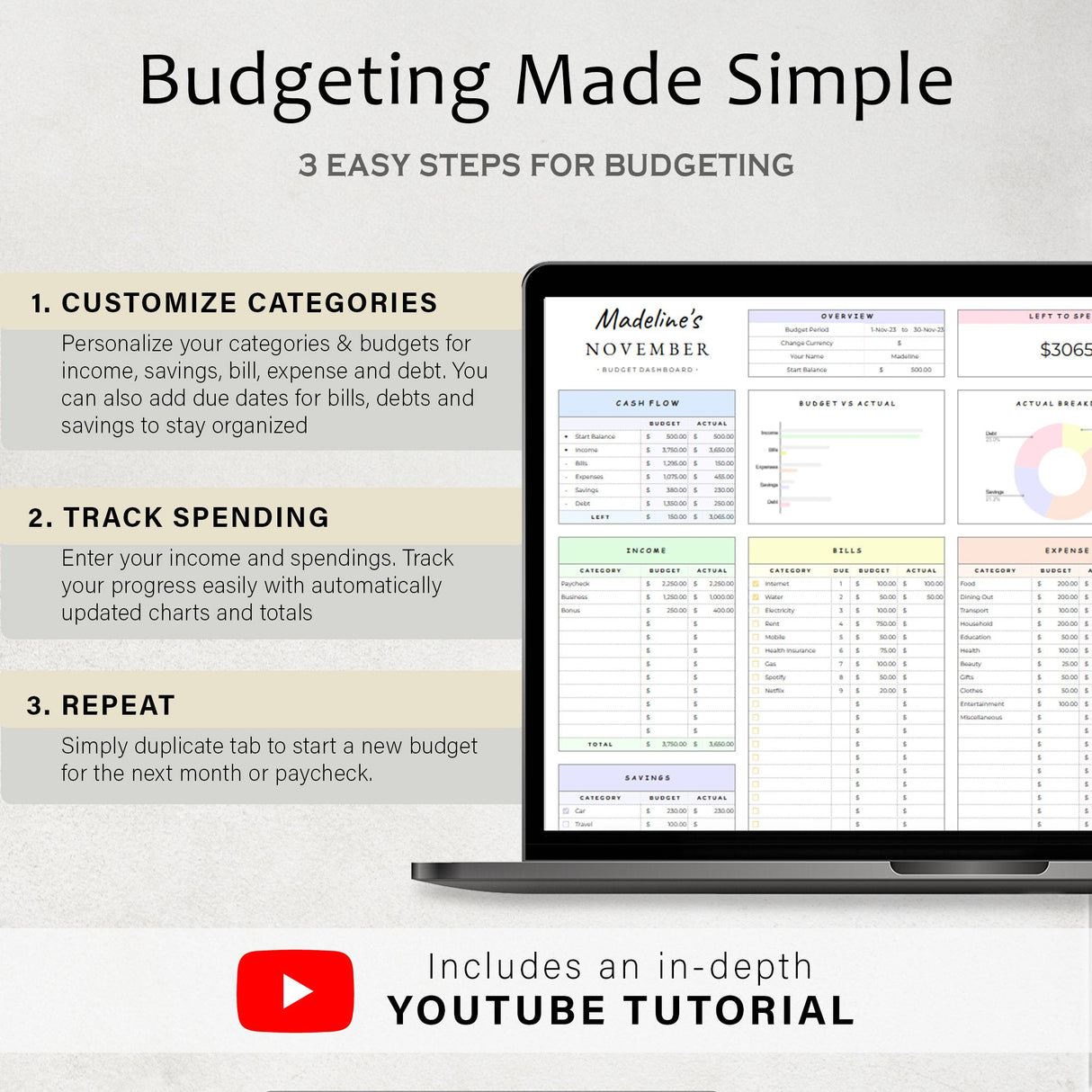 Budget Planner Google Sheets | Monthly Budget Spreadsheet | Beginner Template
