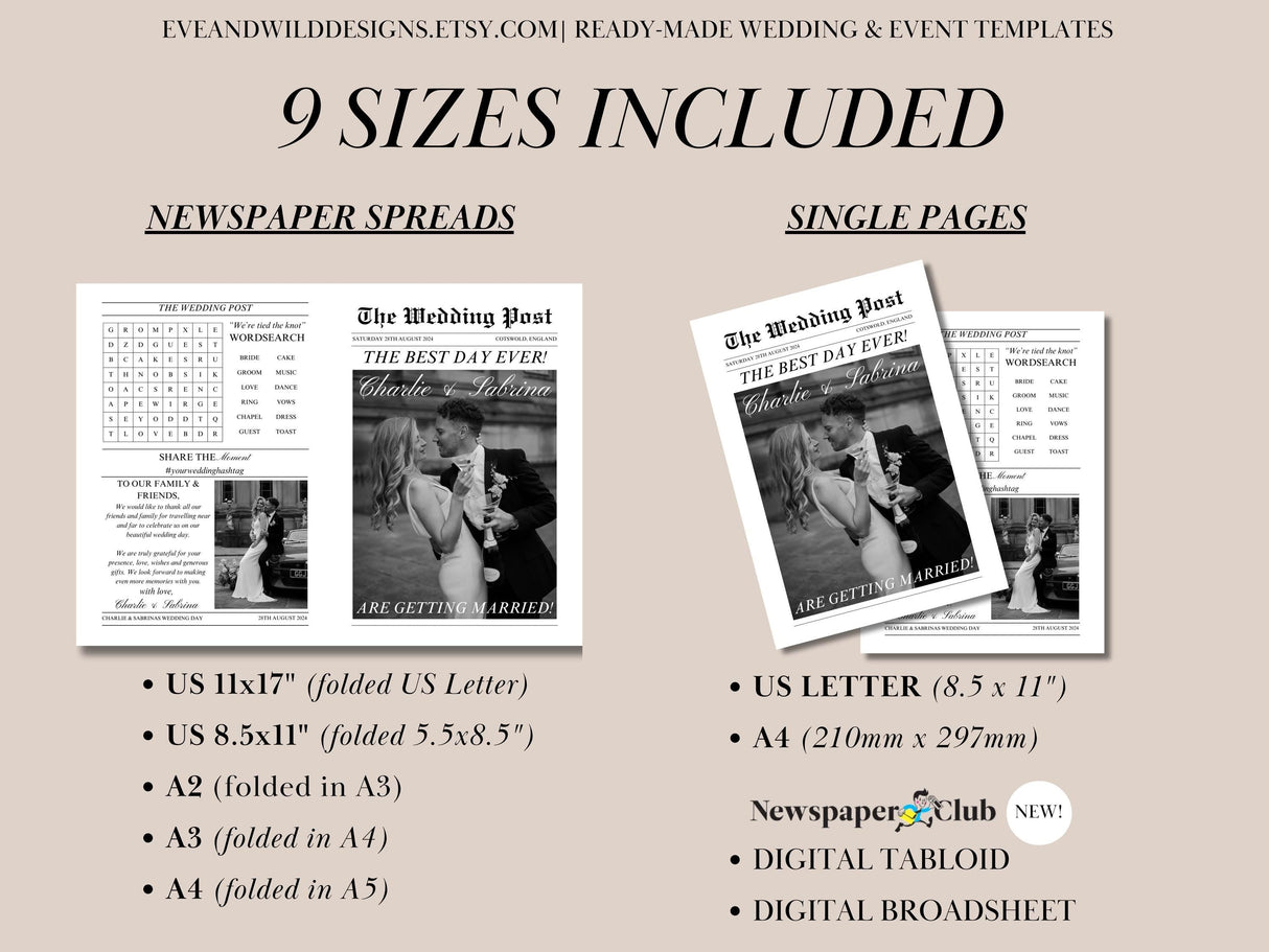 Wedding Newspaper Program | Folded Canva Template | Digital Ceremony Schedule