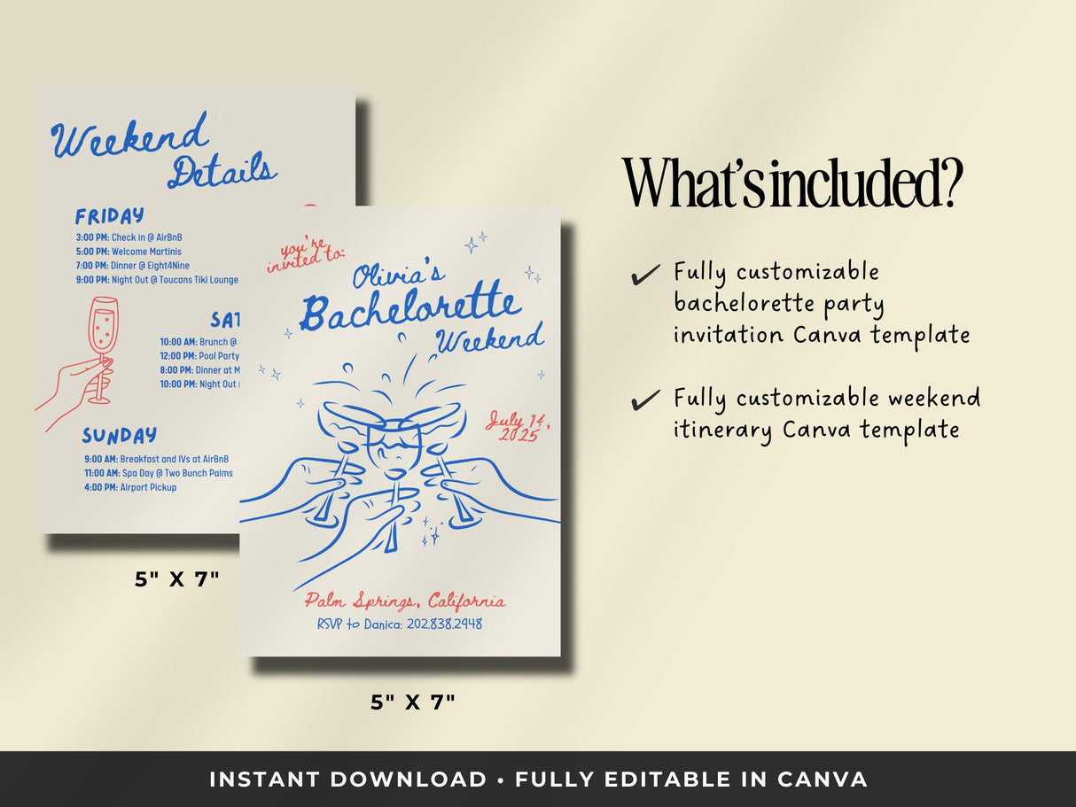 Bachelorette Party Invitation | Handwritten Canva Template | Digital Itinerary