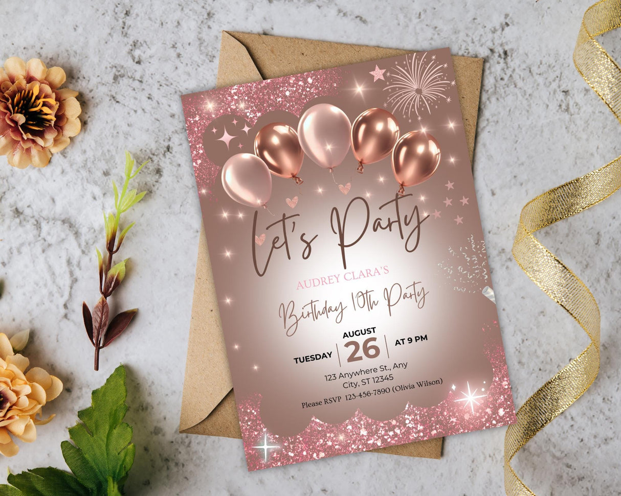 Birthday Invitation Template | Rose Gold Canva Editable | Digital Download