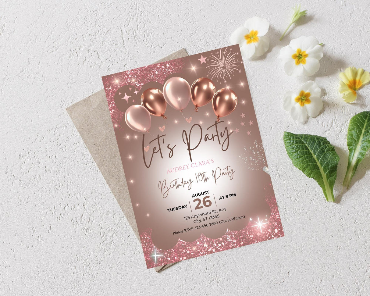 Birthday Invitation Template | Rose Gold Canva Editable | Digital Download
