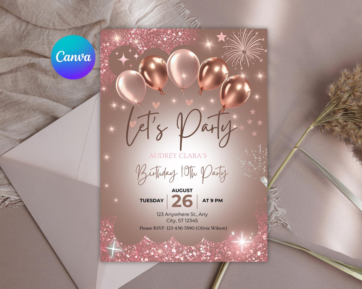 Birthday Invitation Template | Rose Gold Canva Editable | Digital Download