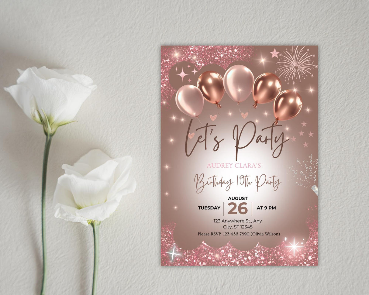 Birthday Invitation Template | Rose Gold Canva Editable | Digital Download