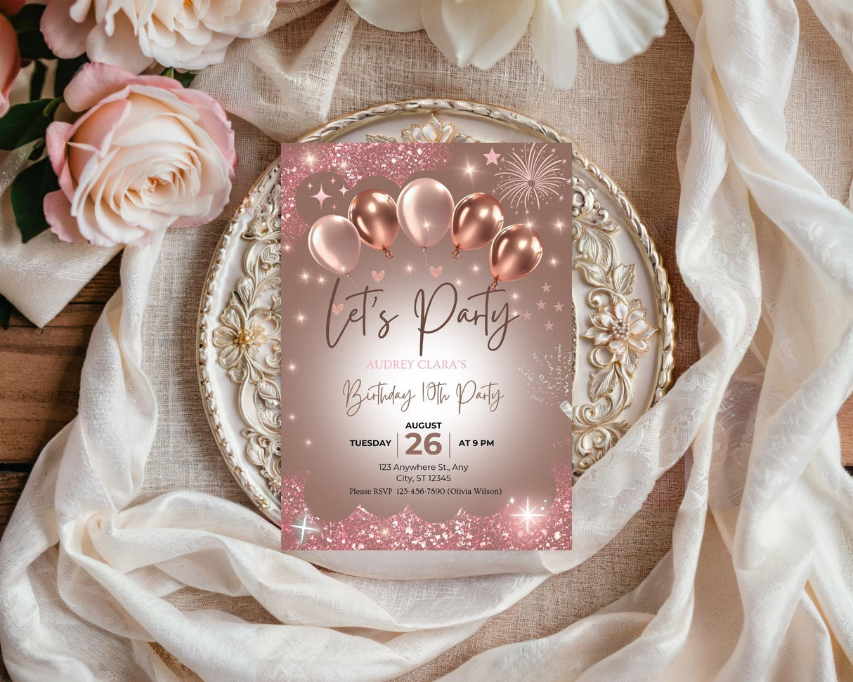 Birthday Invitation Template | Rose Gold Canva Editable | Digital Download