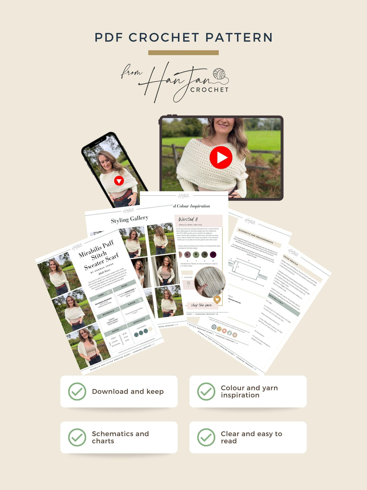 Crochet Sweater Scarf Pattern PDF | Scarf with Sleeves & Video