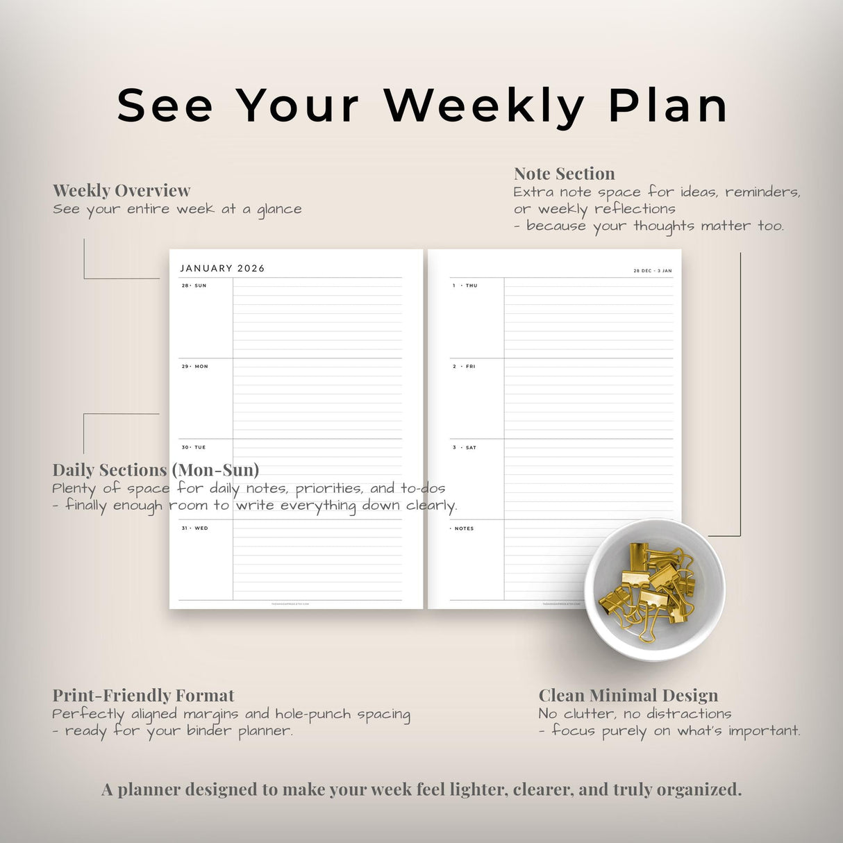2026 Weekly Planner Printable | Minimalist 2-Page Dated PDF