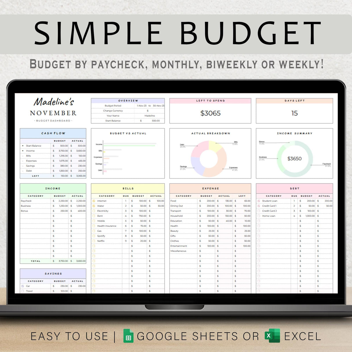 Budget Planner Google Sheets | Monthly & Paycheck Excel Template