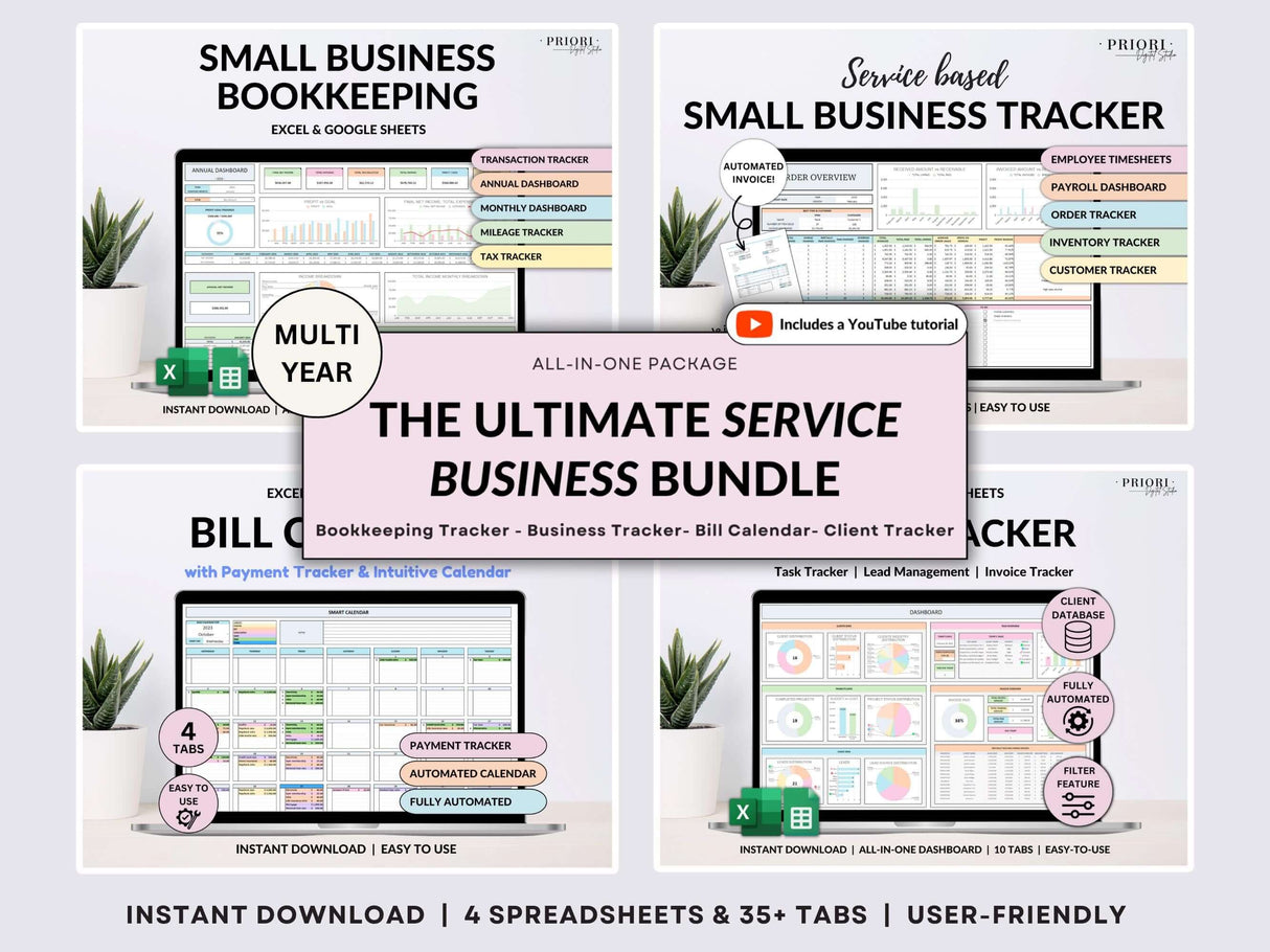 Small Business Spreadsheet Service Business Bookkeeping Client Tracker CRM Payroll Tracker Invoice Tracker Order Tracker Google Sheet Excel