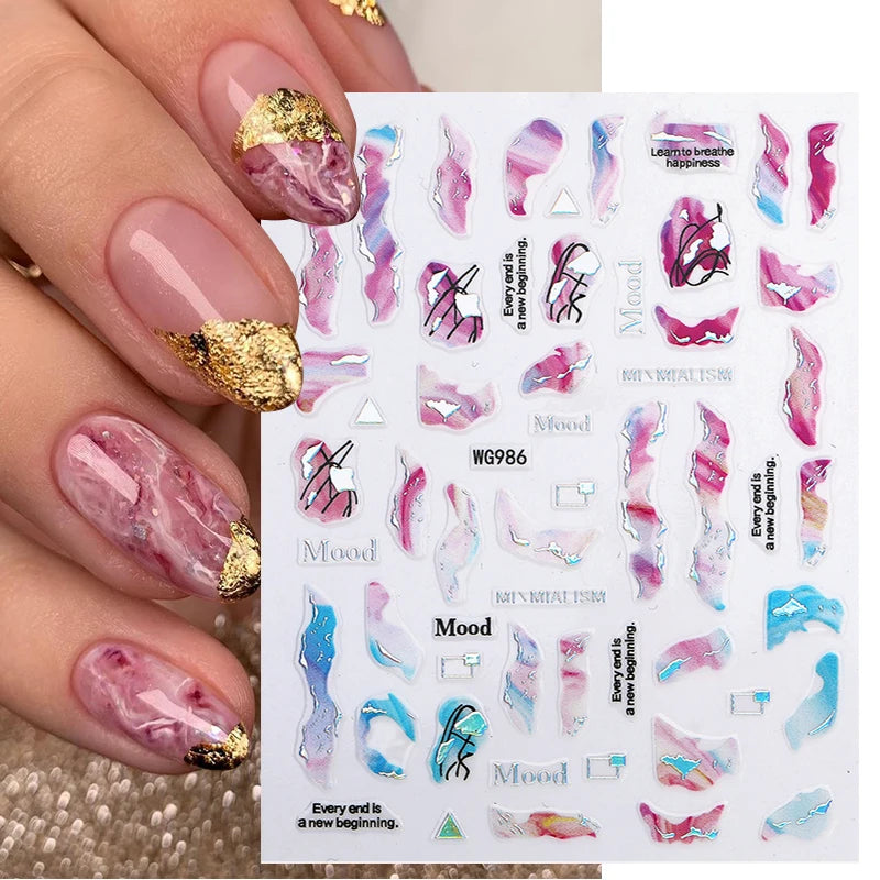 Purple Marble Nails Stickers Smoke Design Manicure Decals Golden Wave Lines Nail Slider Blooming Ink Sticker