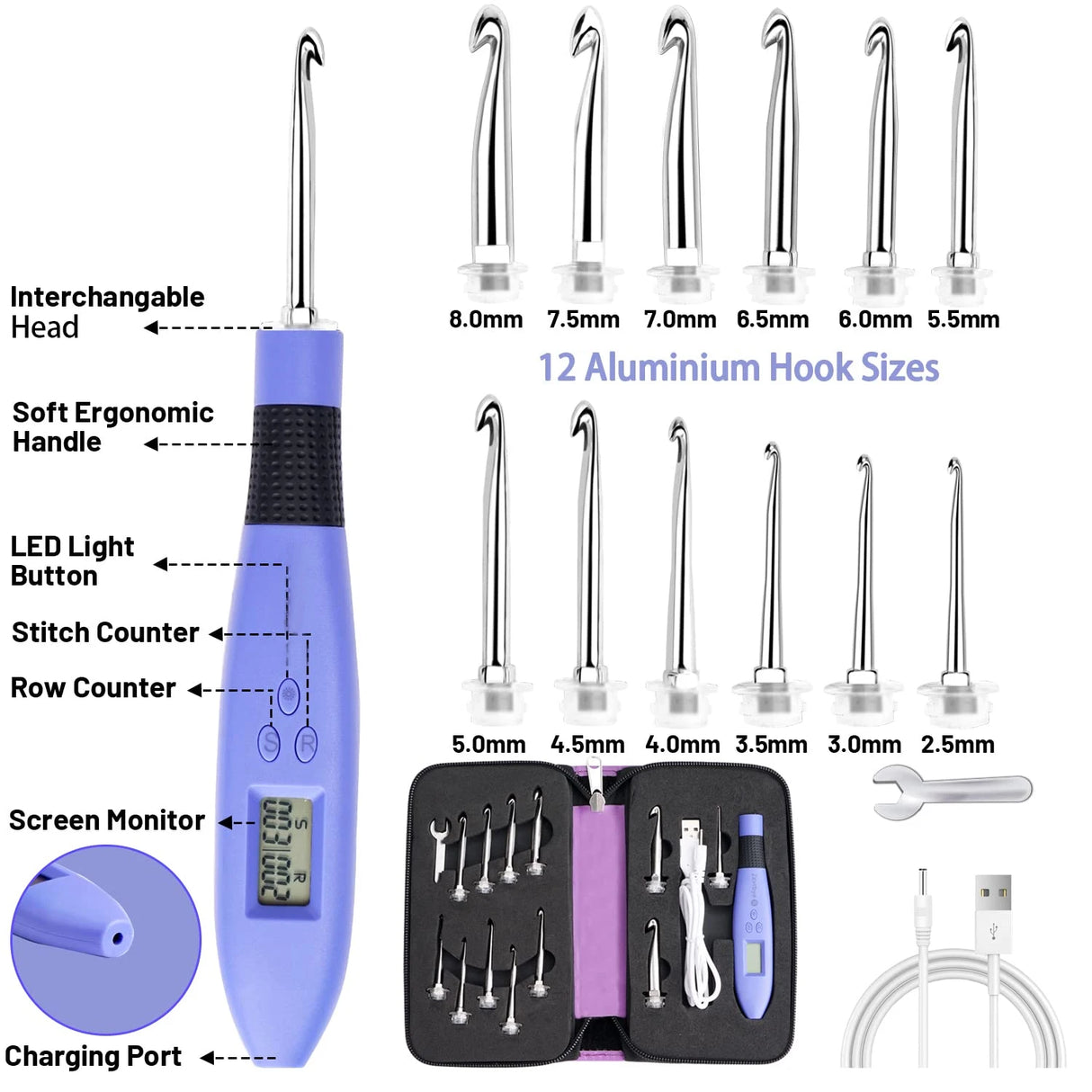 12pcs Crochet Hook Set with Counter Ergonomic Knitting Needles Kit with Led Light&Row Digital Counter DIY Tool for Knitting Hook