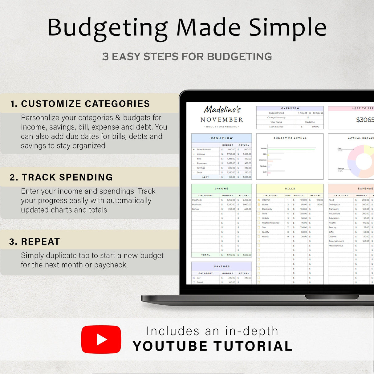 Budget Planner Google Sheets | Monthly & Paycheck Excel Template