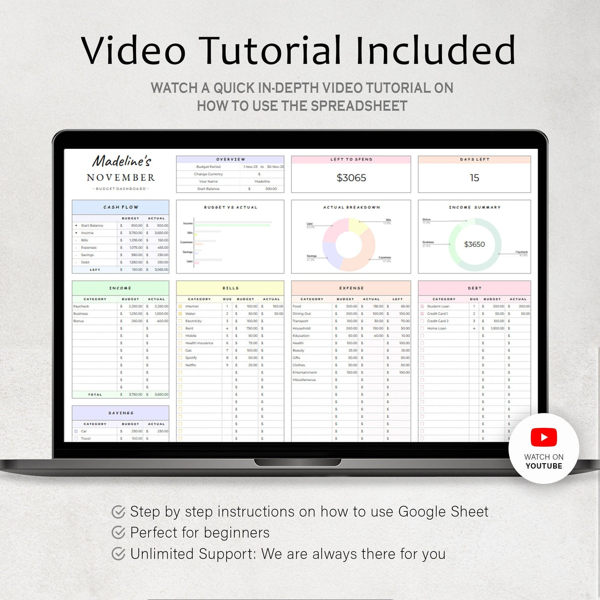 Budget Planner Google Sheets | Monthly Budget Spreadsheet | Beginner Template