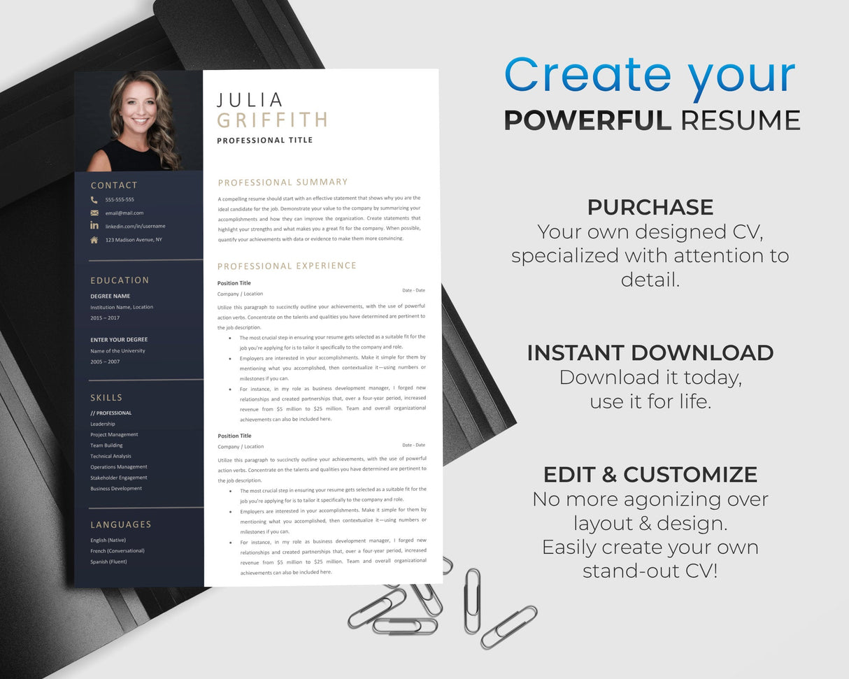 Professional CV Template | Modern Microsoft Word Resume | Digital Download