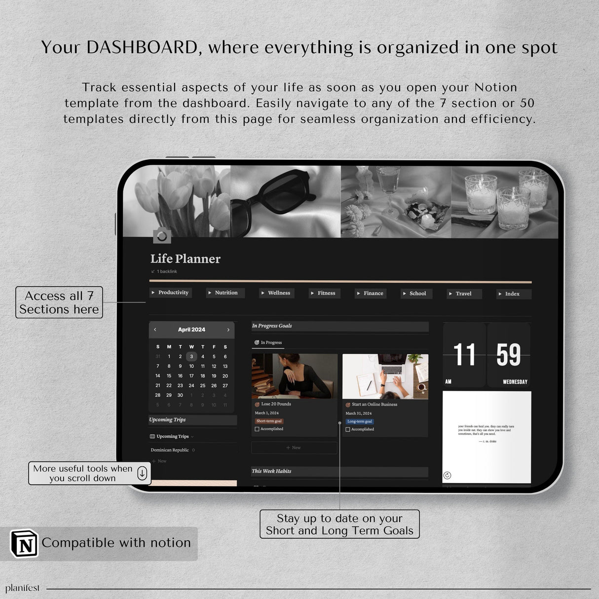 Dark Mode Notion Life Planner | All-In-One Aesthetic Dashboard