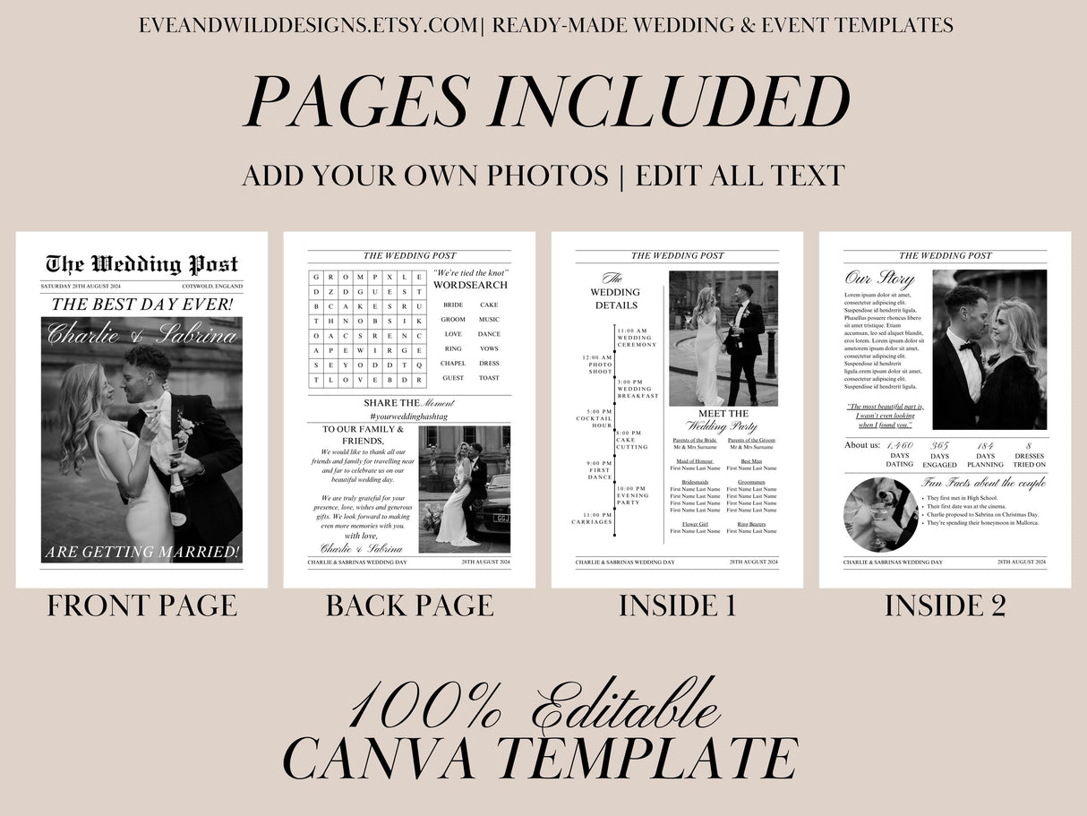 Wedding Newspaper Program | Folded Canva Template | Digital Ceremony Schedule
