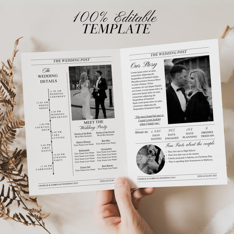 Wedding Newspaper Program | Folded Canva Template | Digital Ceremony Schedule