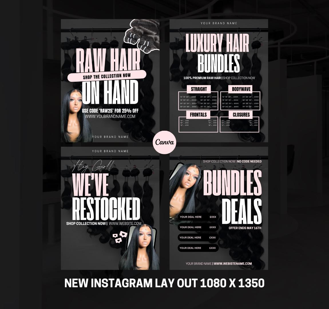 4-in-1 Hair Bundles Flyer Canva Template | Price List & Restock | TemplifyHub