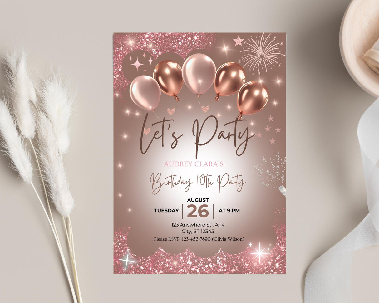 Birthday Invitation Template | Rose Gold Canva Editable | Digital Download