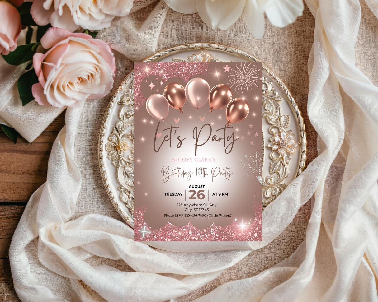 Birthday Invitation Template | Rose Gold Canva Editable | Digital Download