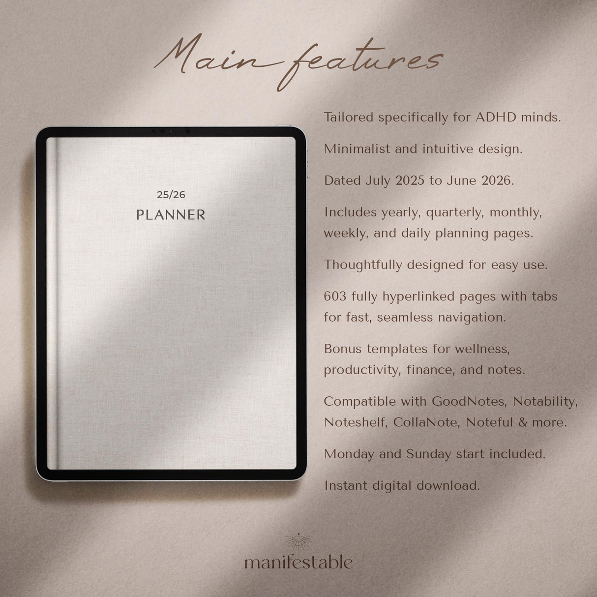 ADHD Digital Planner 2026 | Goodnotes & iPad Hyperlinked | TemplifyHub