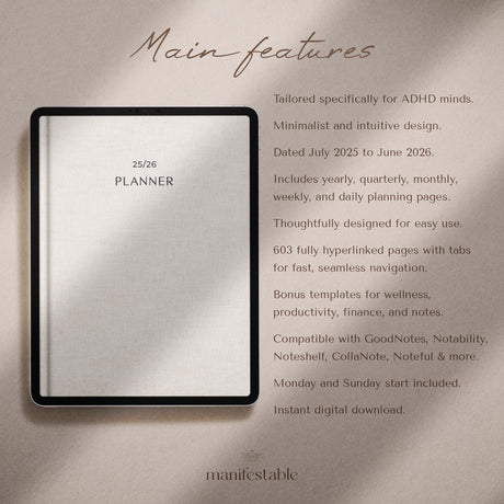 ADHD Digital Planner 2026 | Goodnotes & iPad Hyperlinked | TemplifyHub