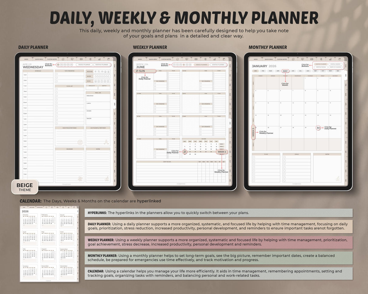 2026 Digital Planner Beige | 40,000+ Hyperlinks Goodnotes