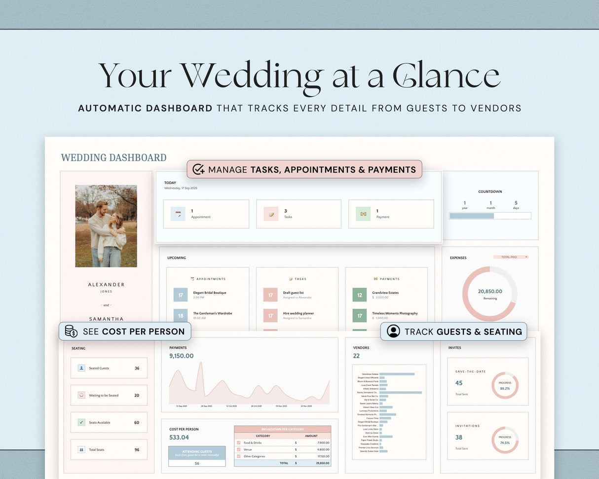 Wedding Planner Spreadsheet | Ultimate Budget & Guest List | Google SheetsExcel