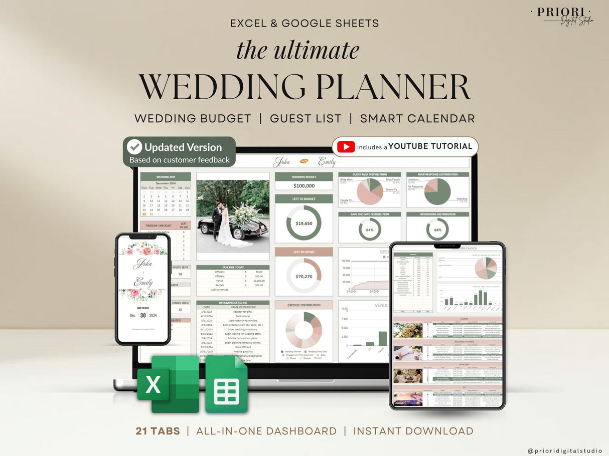 Wedding Planner Spreadsheet | Budget Tracker & Checklist | Google SheetsExcel